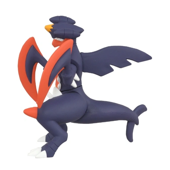  Garchomp toy figure in a dynamic pose, featuring its dark blue body, orange blades, and white claws.