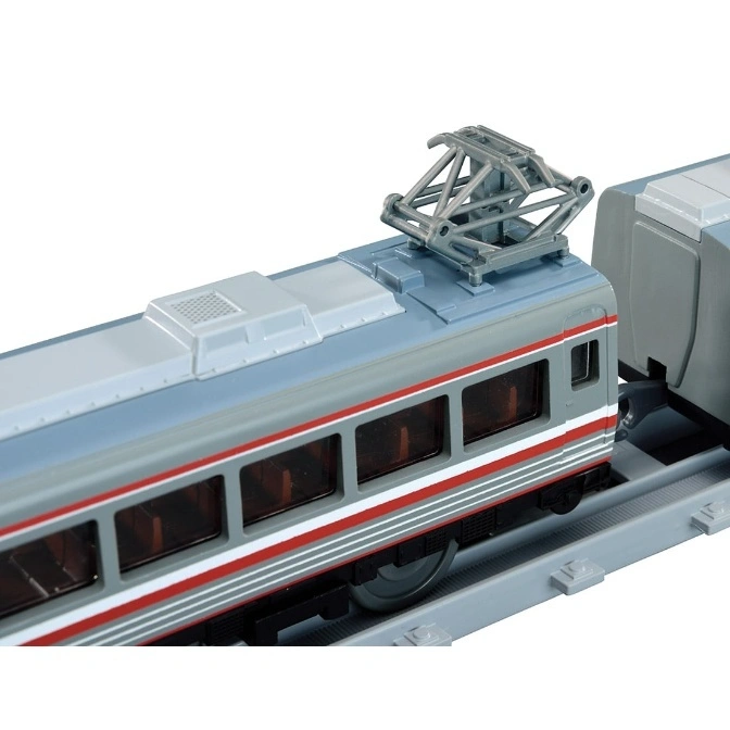  Toy train with grey and red stripes, featuring a pantograph on top and placed on a grey track.