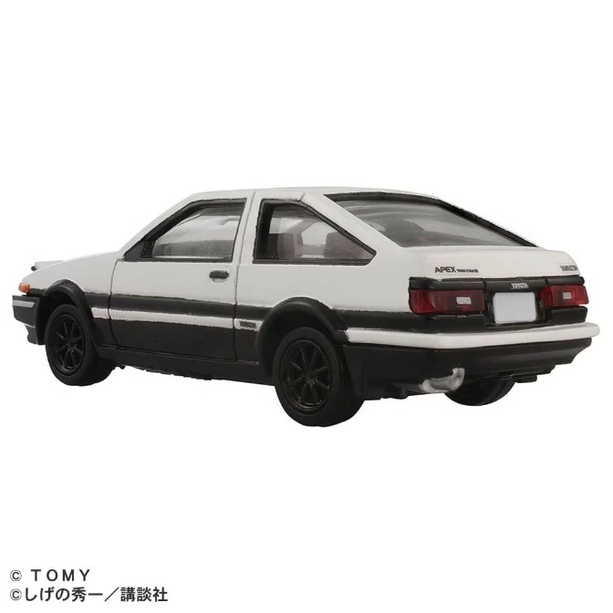  White and black Toyota AE86 diecast model car, rear view.