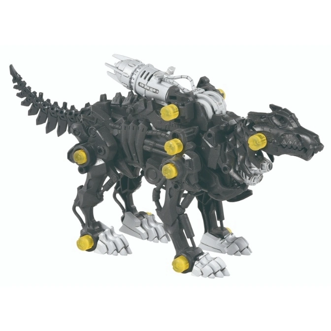  Black dinosaur robot toy with silver cannon on its back and yellow accents.