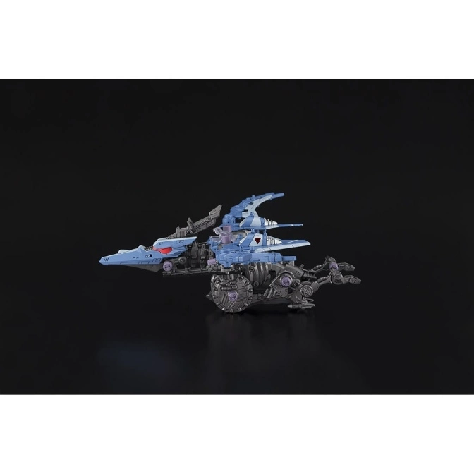  Transformers toy Skywarp in vehicle mode, a blue and gray jet-like vehicle with intricate mechanical details.