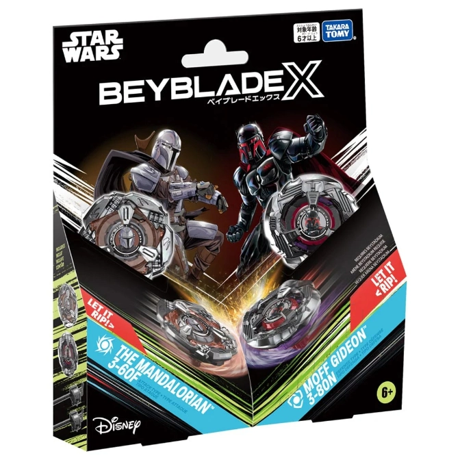  Star Wars Beyblade X set: The Mandalorian 3-60F attack type & Moff Gideon 3-80N defense type. Ages 6+
