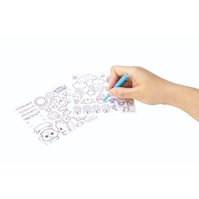  Hand coloring a unicorn on a sticker sheet with rainbows, flowers, and sweets.