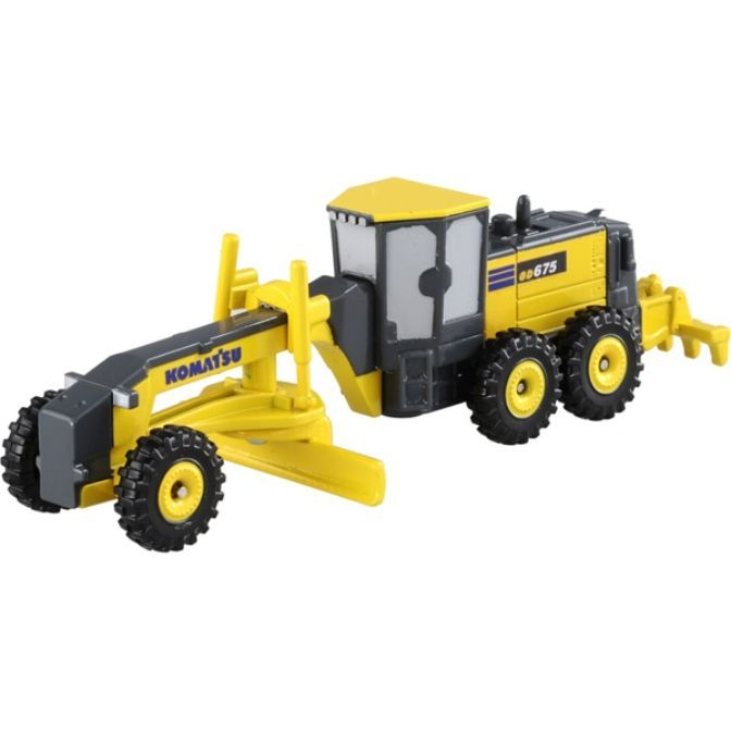 Yellow Komatsu GD675 motor grader toy with gray accents and black tires.
