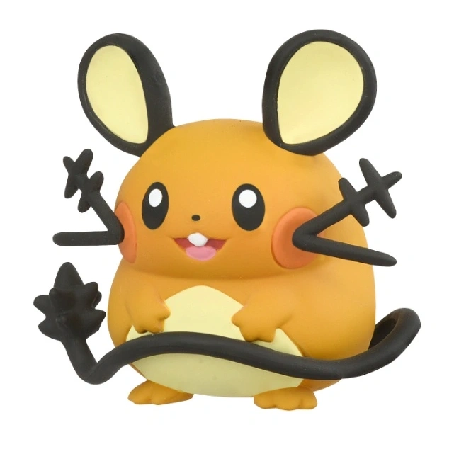  Dedenne toy figure with orange body, yellow belly, black ears, and lightning bolt whiskers.
