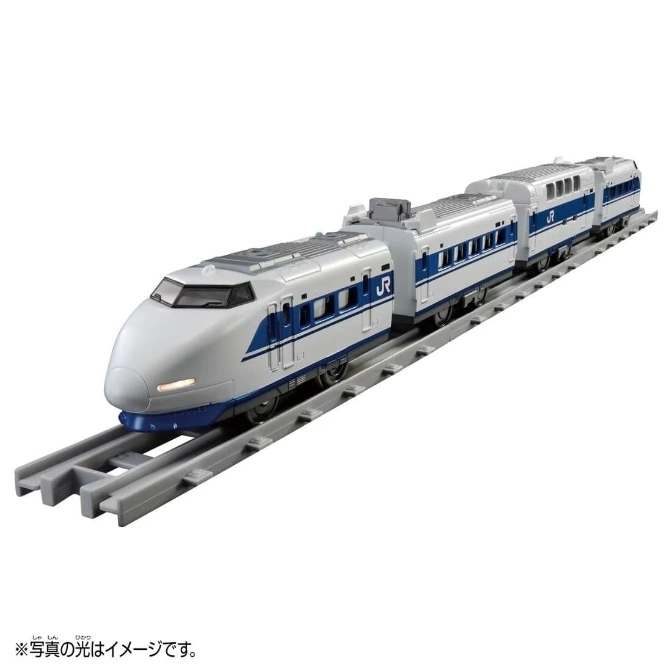 Toy bullet train on gray tracks, white with blue stripes and JR logo.