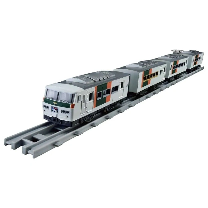  Toy train on a gray track, featuring white and gray cars with green and orange stripes.