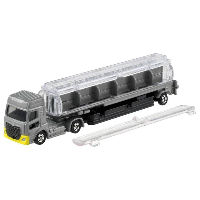  Gray toy tanker truck with a clear tank and yellow bumper.