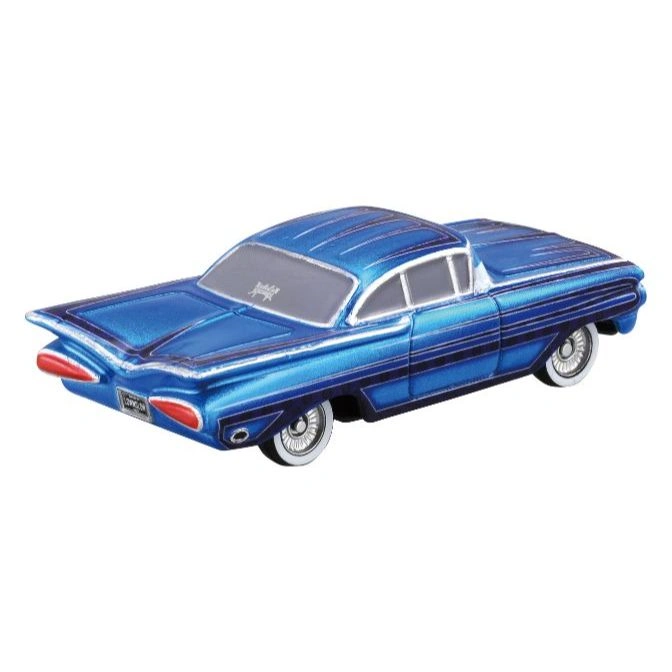  Blue 1959 Chevrolet Impala lowrider toy car with white wall tires and detailed paint job.