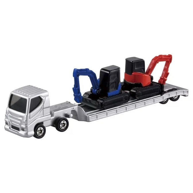  Toy truck carrying two mini excavators, one blue and one red, on a flatbed trailer.