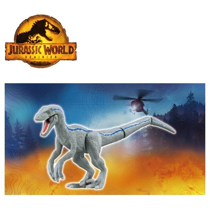  Blue raptor toy with helicopter backdrop and Jurassic World logo.