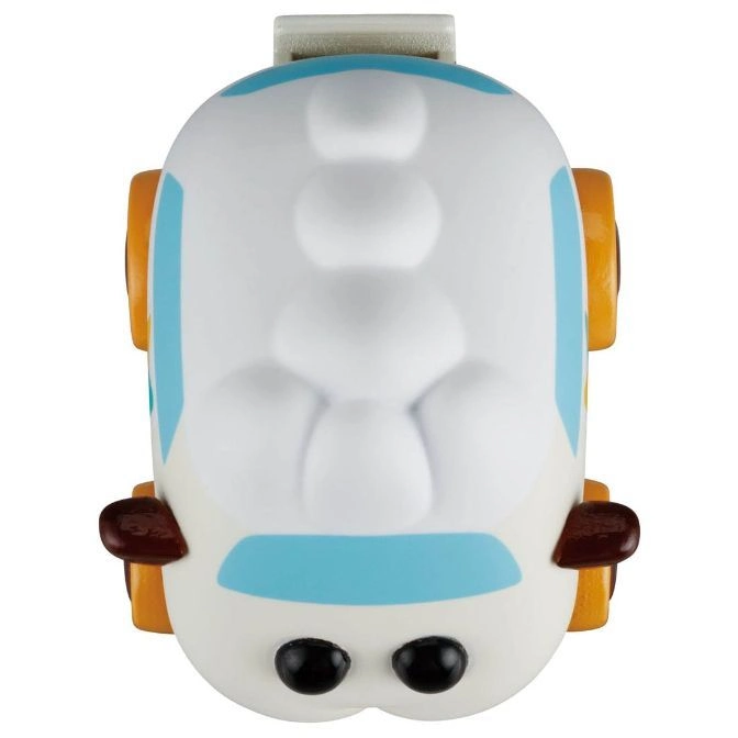  White toy car with blue accents, orange wheels, and black eyes.