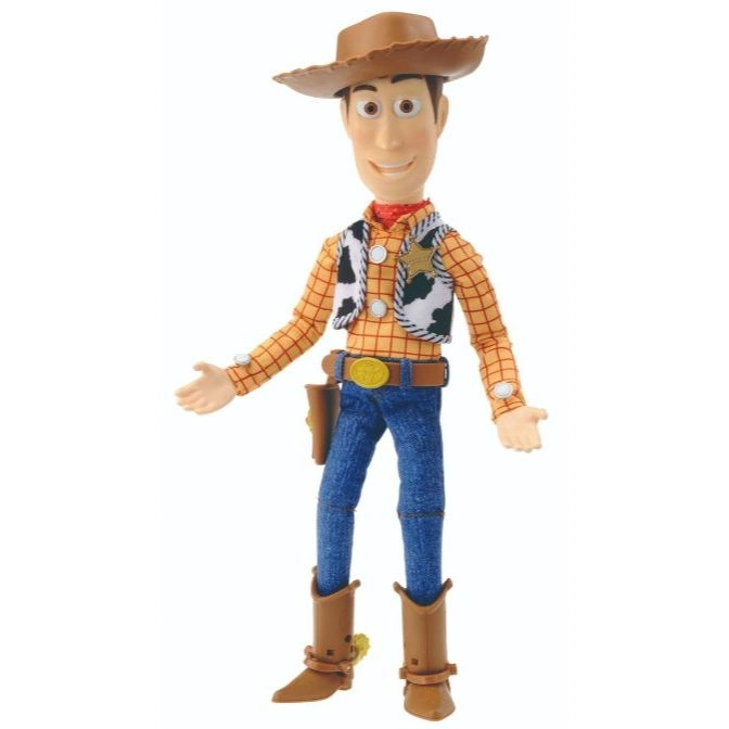 Toy Story Woody doll with hat, vest, and boots, standing with open hands.