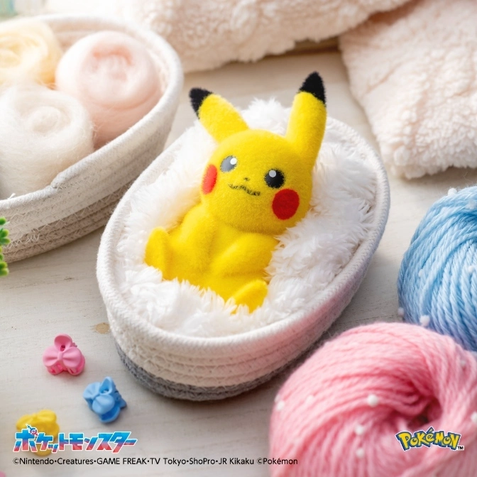  Pikachu plush in a woven basket with yarn and hair clips. Cute and cozy!