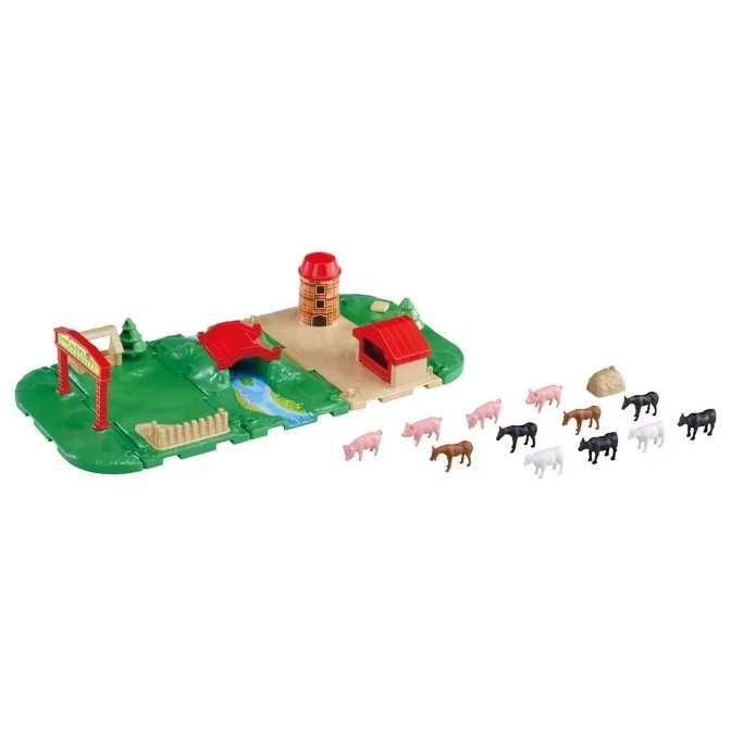  Toy farm set with barn, windmill, bridge, stream, fence, and assorted farm animal figurines.