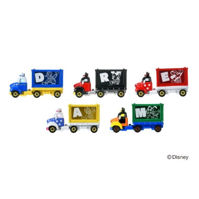  Disney alphabet trucks: D, R, E, A, M. Each has a lettered container with a character graphic.