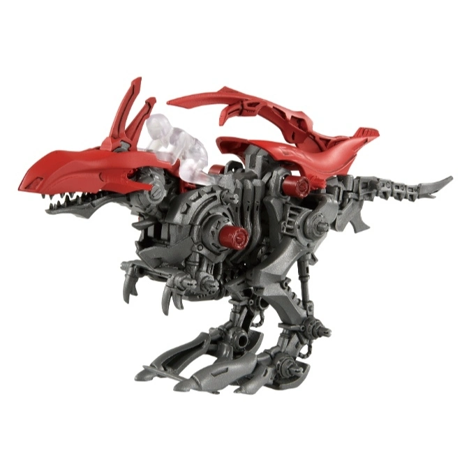 Red and grey mechanical dinosaur toy with a clear figure riding on top.