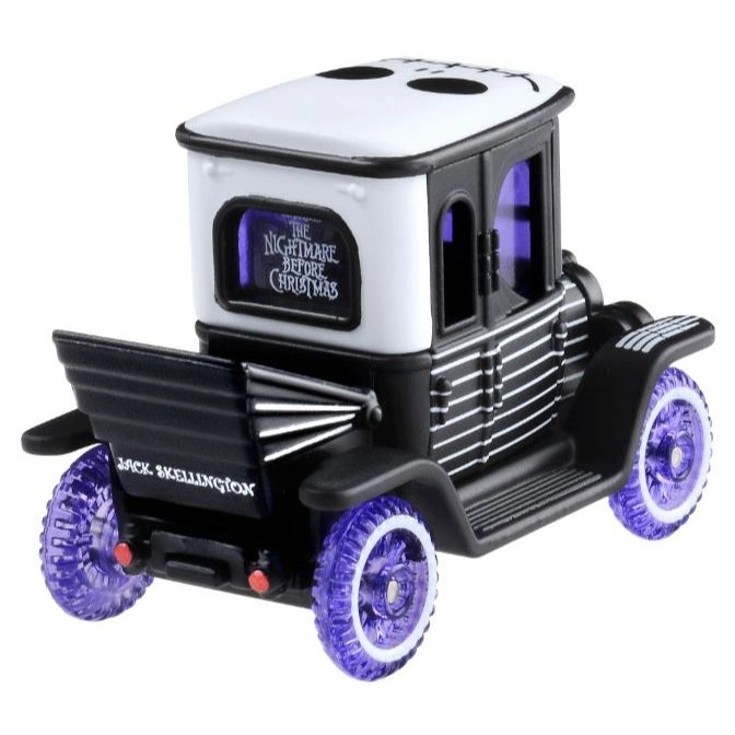  "Nightmare Before Christmas" toy car with Jack Skellington details and purple wheels.