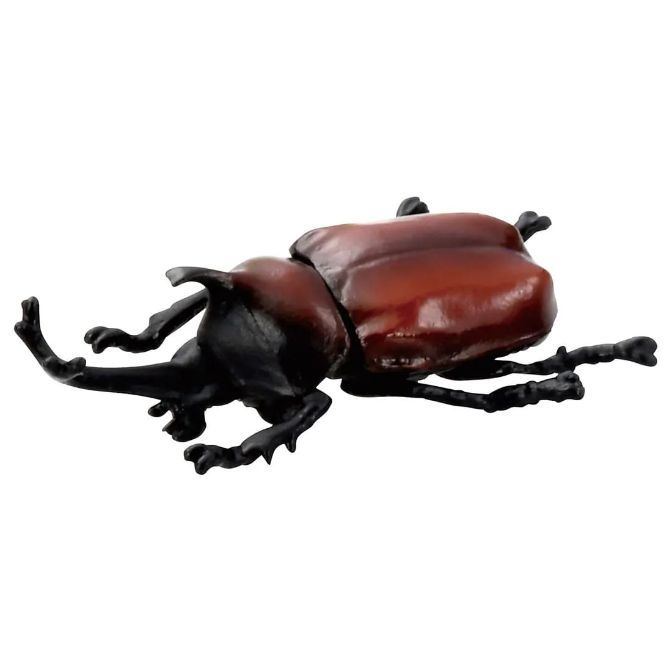  Toy rhinoceros beetle with brown shell and black legs and horn.