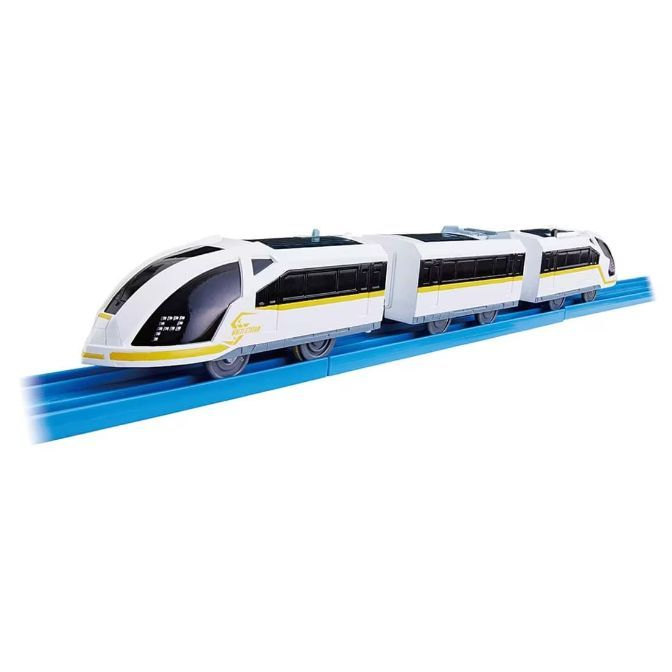 A toy train on a blue track.