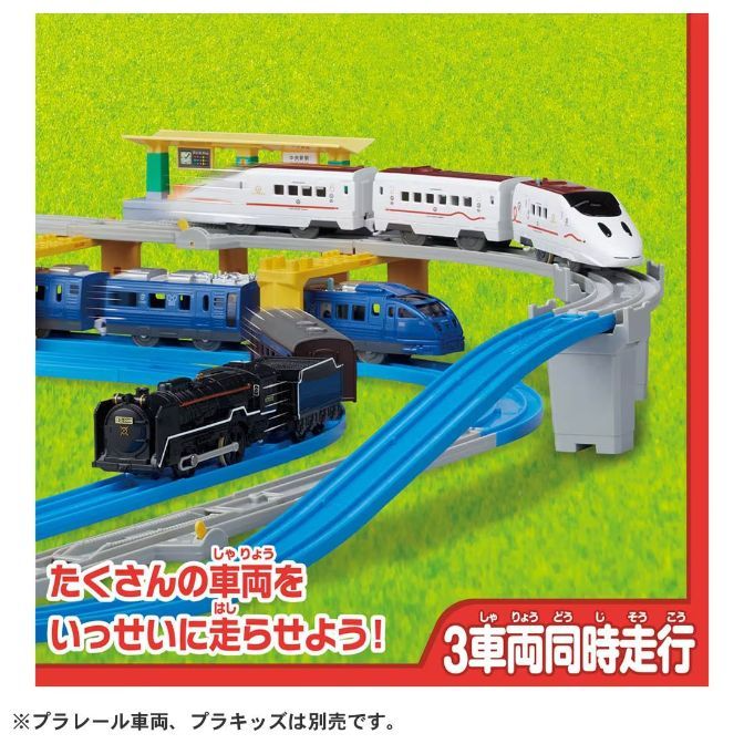  A toy train set with multiple trains on different tracks.