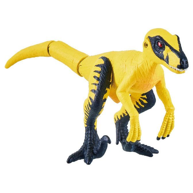  Yellow dinosaur toy with black markings, standing on a white background.