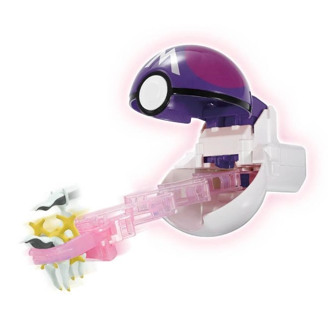  Purple and white Pokémon ball toy with a launching mechanism and a yellow and white projectile.