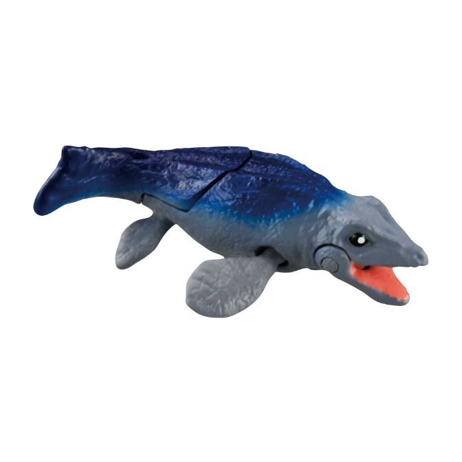  Blue and grey toy mosasaur with articulated flippers and an open mouth.