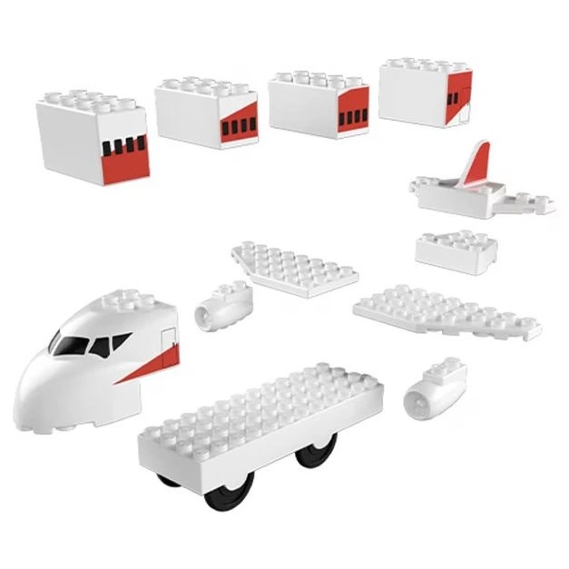  Toy airplane building blocks, white with red accents, disassembled.