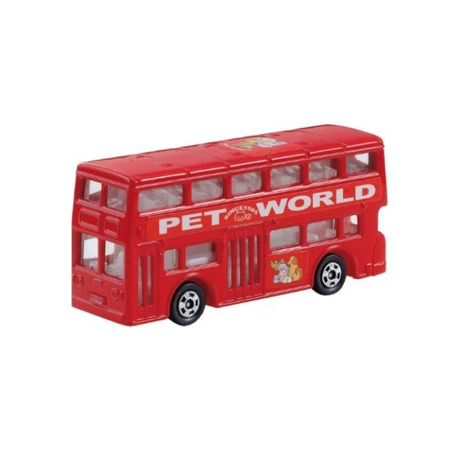 Red toy double-decker bus with "PET WORLD" text and animal graphics.