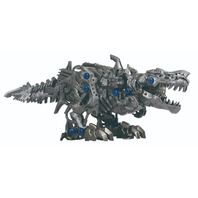  Grey Zoids Death Saurer model kit with blue accents, posed standing.