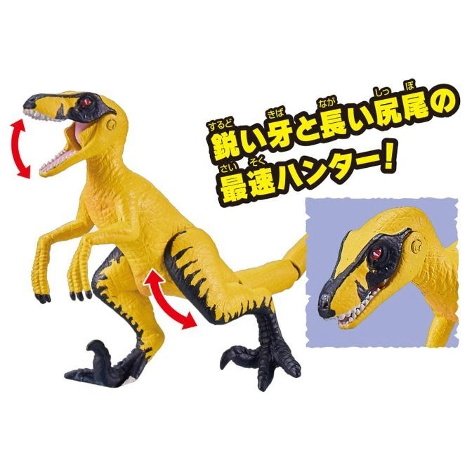  Yellow velociraptor toy with articulated jaw and legs, showcasing its features and pose.