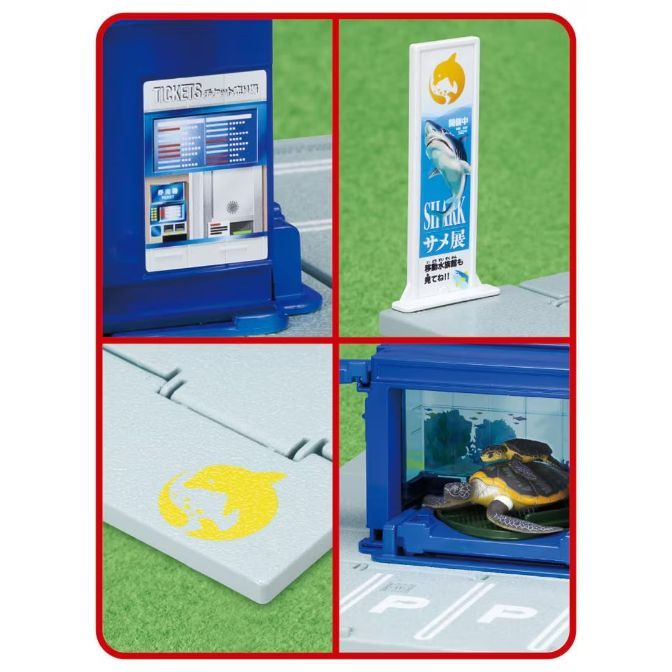  Toy aquarium set with ticket machine, shark sign, turtle exhibit, and animal logo.