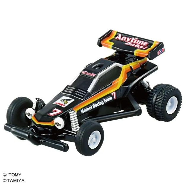 Black toy race car with "Anytime Baby!" spoiler and "Hornet Racing Team" decals.