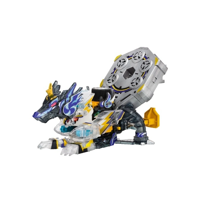  Dragon-shaped transforming toy with clear plastic, lightning bolt details, and a disc launcher on its back.
