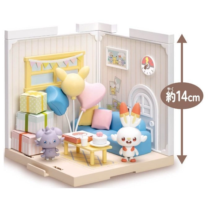  Pokémon diorama playset with figures, balloons, gifts, and furniture in a cozy room setting.