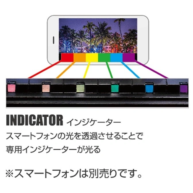  Smartphone with color spectrum illuminating indicator lights. Text: "INDICATOR."