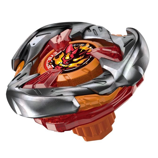 Beyblade toy with red, orange, and silver components.