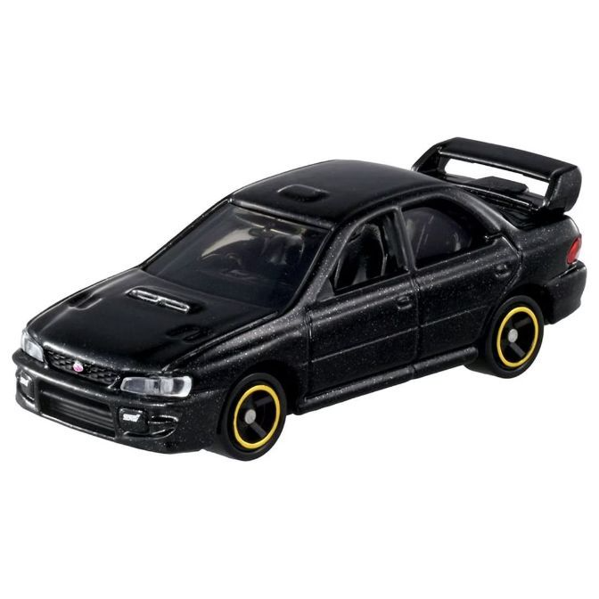  Black toy Subaru Impreza WRX with gold rims and a spoiler.