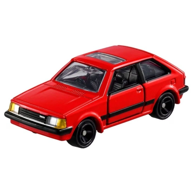 Red Mazda Familia toy car with black wheels and sunroof.