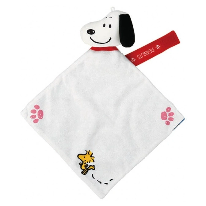 Snoopy plush comfort blanket with paw prints and Woodstock graphic.