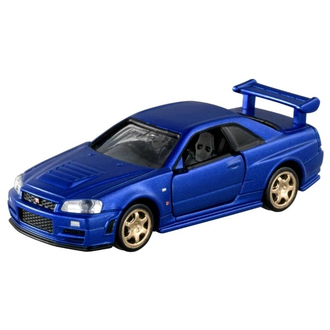 Blue toy Nissan Skyline GT-R (R34) with gold wheels and rear spoiler.