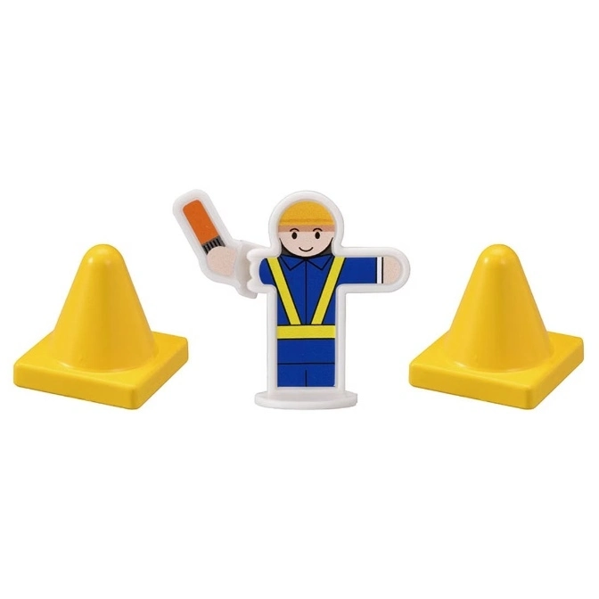  Toy construction worker figure with cones. Worker holds signal wand.