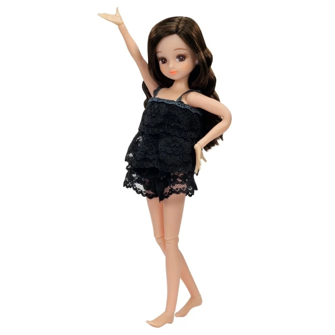  Licca doll in black lace top and shorts, arm raised.