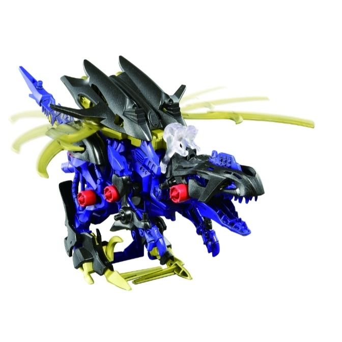  Blue and black dinosaur robot toy with red accents and translucent details.