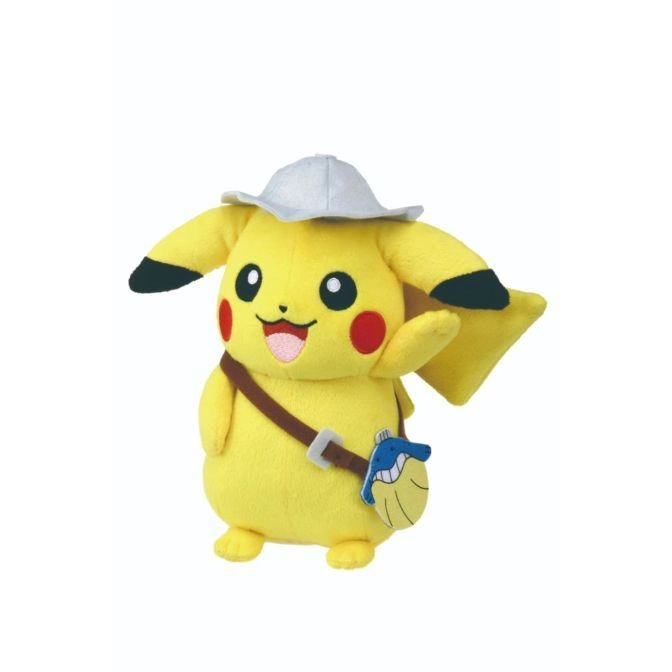 Pikachu plush toy with hat and satchel.