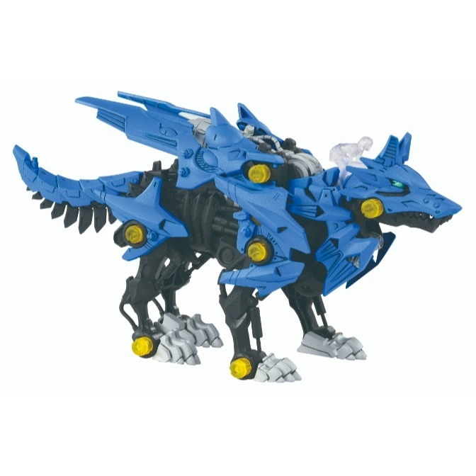  Blue wolf Zoid toy with yellow accents and black frame.