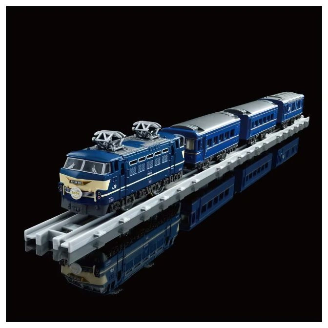 Blue toy train on a gray track with reflection. The train has two passenger cars.