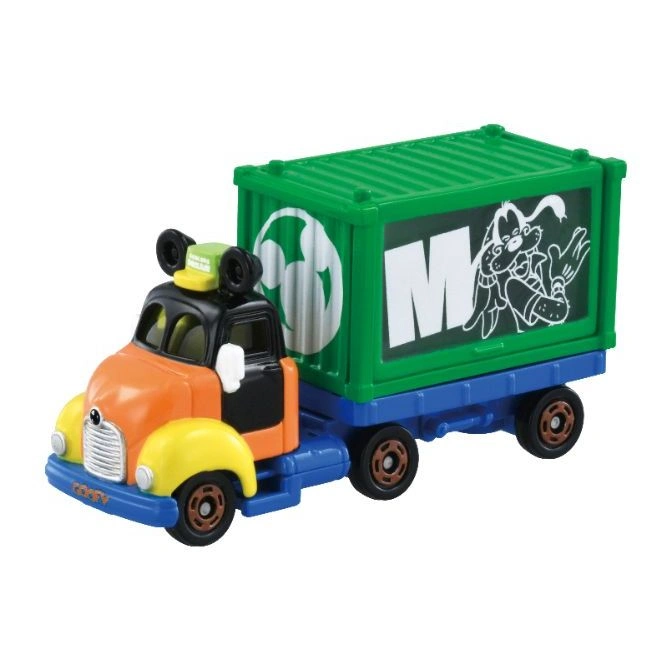 Goofy toy truck with green container featuring Goofy and Mickey Mouse designs.