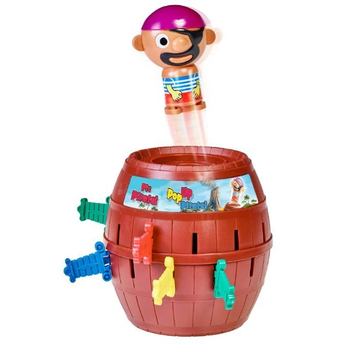  Pop-Up Pirate game with pirate figure launching from a barrel with colorful swords inserted.